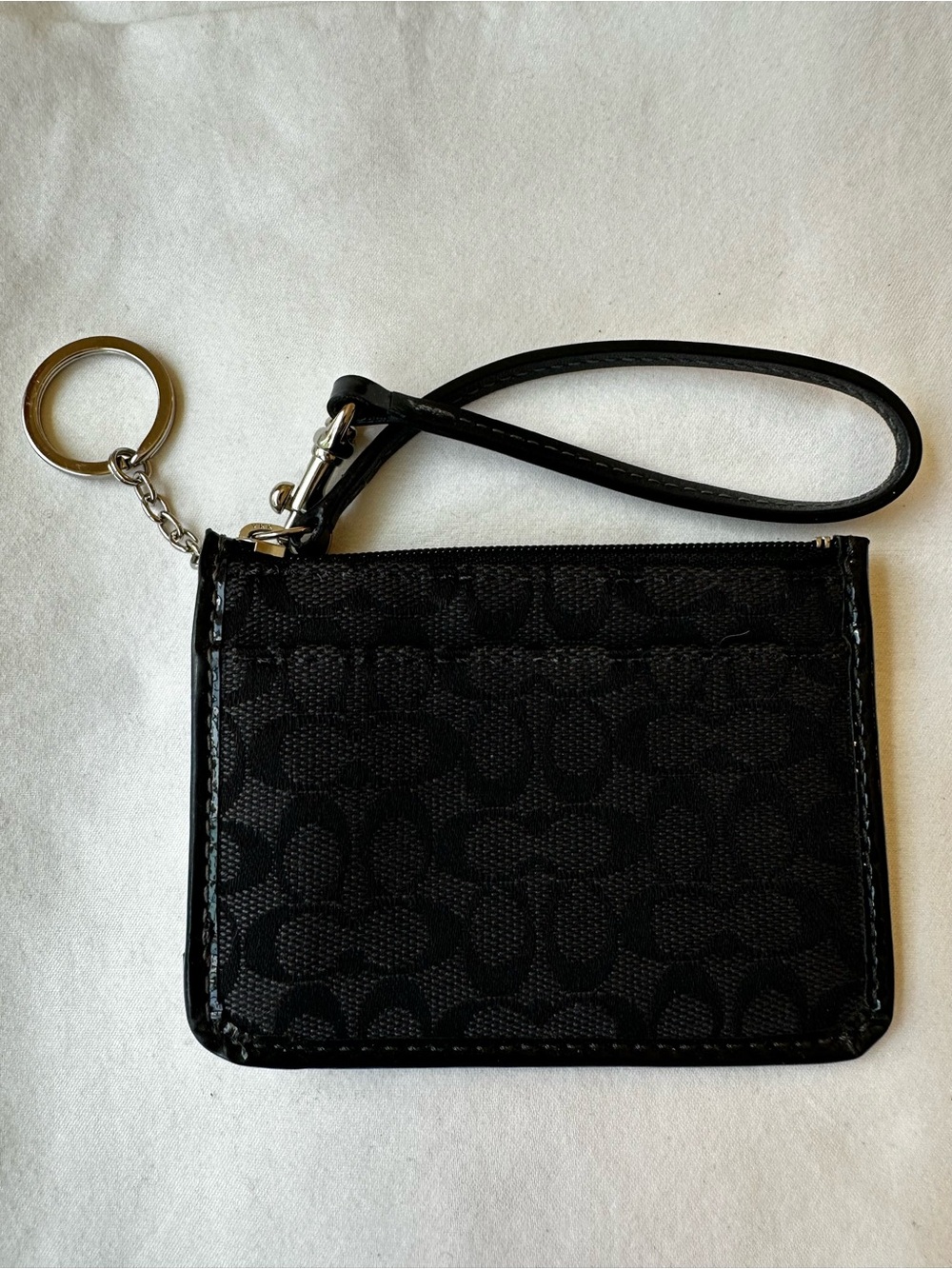 Coach Signature Black Jacquard ID Pouch Card Wristlet Keychain Wallet